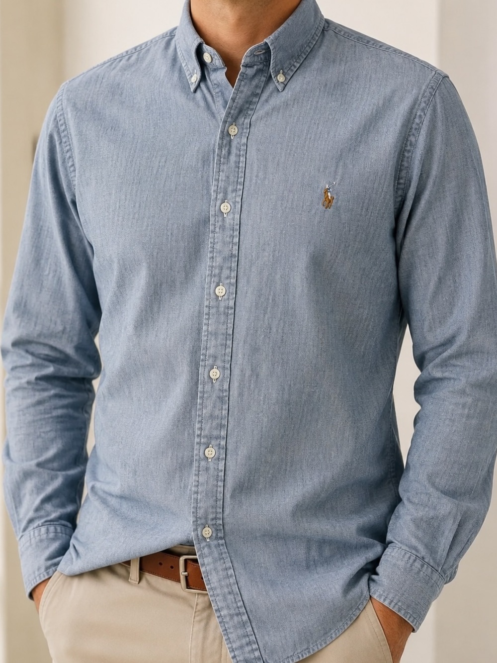 Polo Ralph Lauren Shirt Mens XL Blue Chambray Classic Fit Flesh Pony Denim